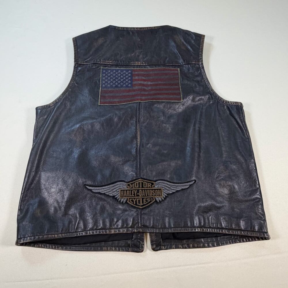 EUC Harley Davidson Mens Distressed American Flag Leather Vest Black Size XL